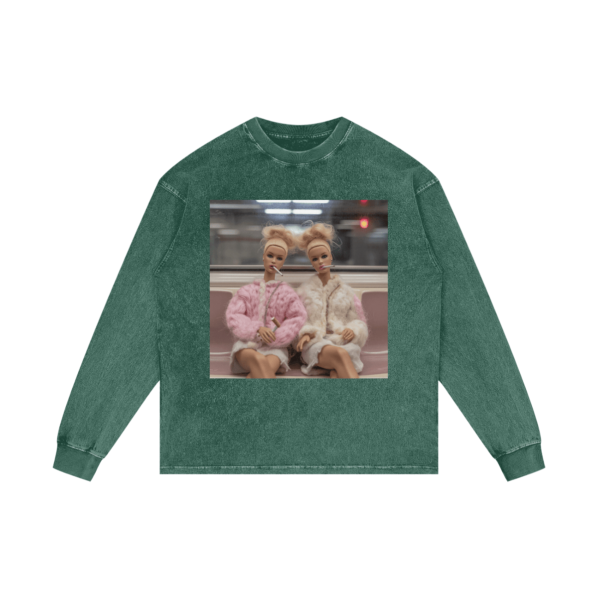 Funny Barbie Dolls on a Subway Acid Wash Oversize Long Sleeve T-Shirt - Canvas & Charms
