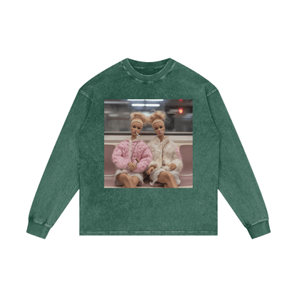 Funny Barbie Dolls on a Subway Acid Wash Oversize Long Sleeve T-Shirt - Canvas & Charms