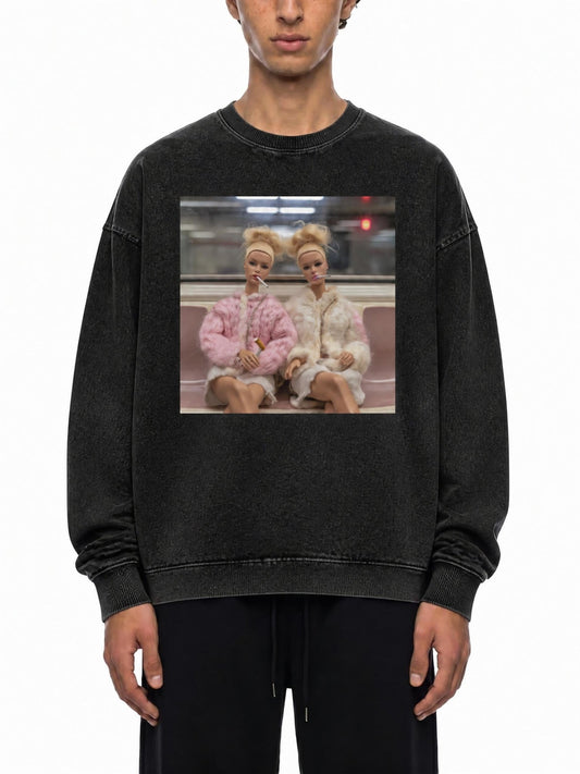 Funny Barbie Dolls on a Subway Acid Wash Oversize Long Sleeve T-Shirt - Canvas & Charms