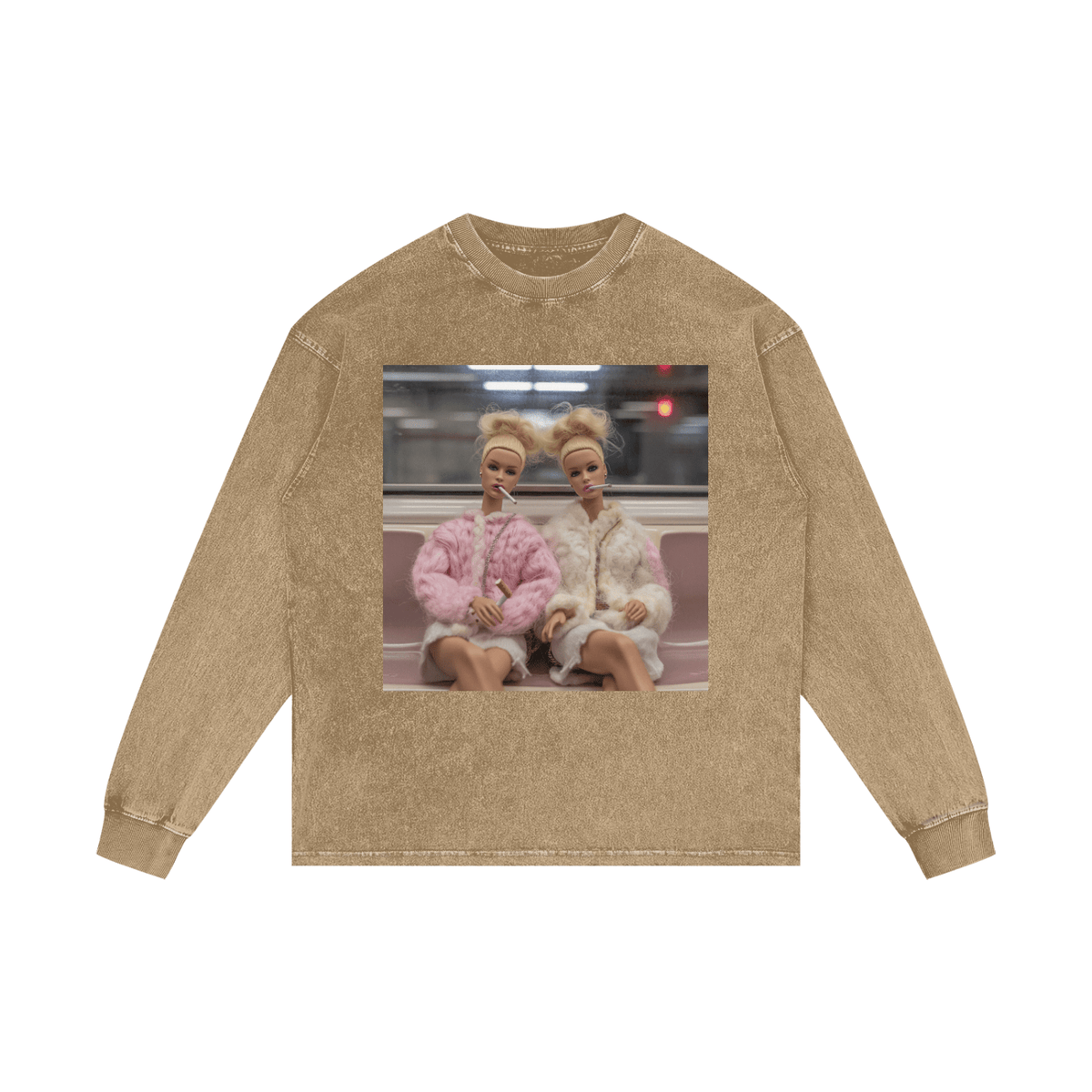 Funny Barbie Dolls on a Subway Acid Wash Oversize Long Sleeve T-Shirt - Canvas & Charms
