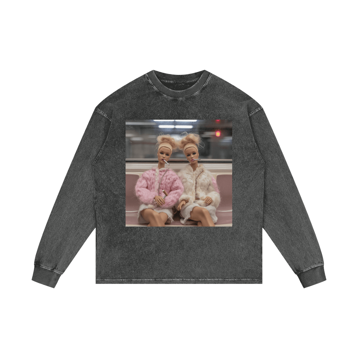Funny Barbie Dolls on a Subway Acid Wash Oversize Long Sleeve T-Shirt - Canvas & Charms