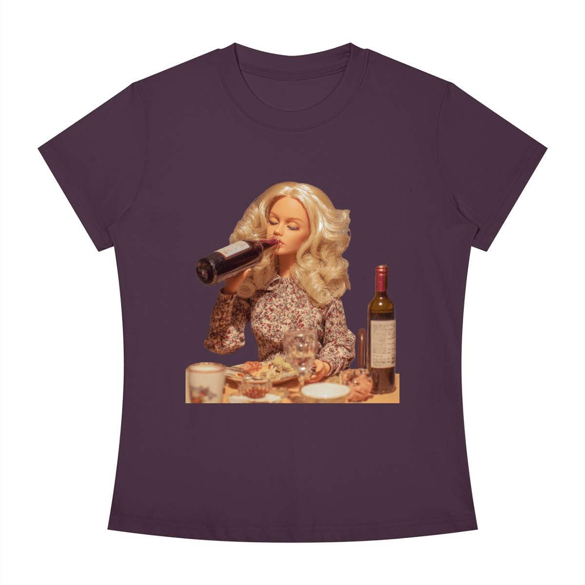 Funny Barbie with a Wine Bottle Women's Slim Fit Crewneck T-Shirt - Canvas & Charms