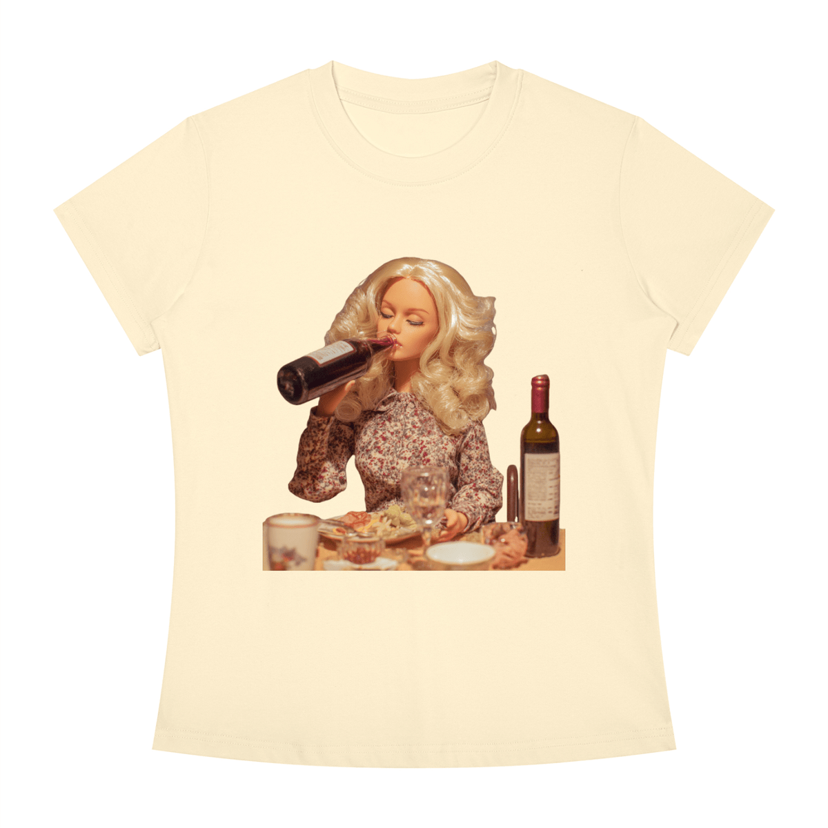 Funny Barbie with a Wine Bottle Women's Slim Fit Crewneck T-Shirt - Canvas & Charms