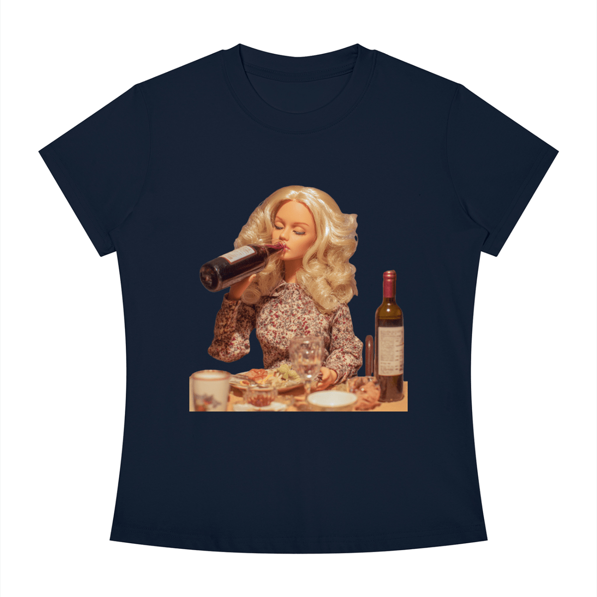 Funny Barbie with a Wine Bottle Women's Slim Fit Crewneck T-Shirt - Canvas & Charms