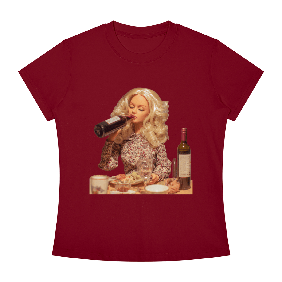 Funny Barbie with a Wine Bottle Women's Slim Fit Crewneck T-Shirt - Canvas & Charms