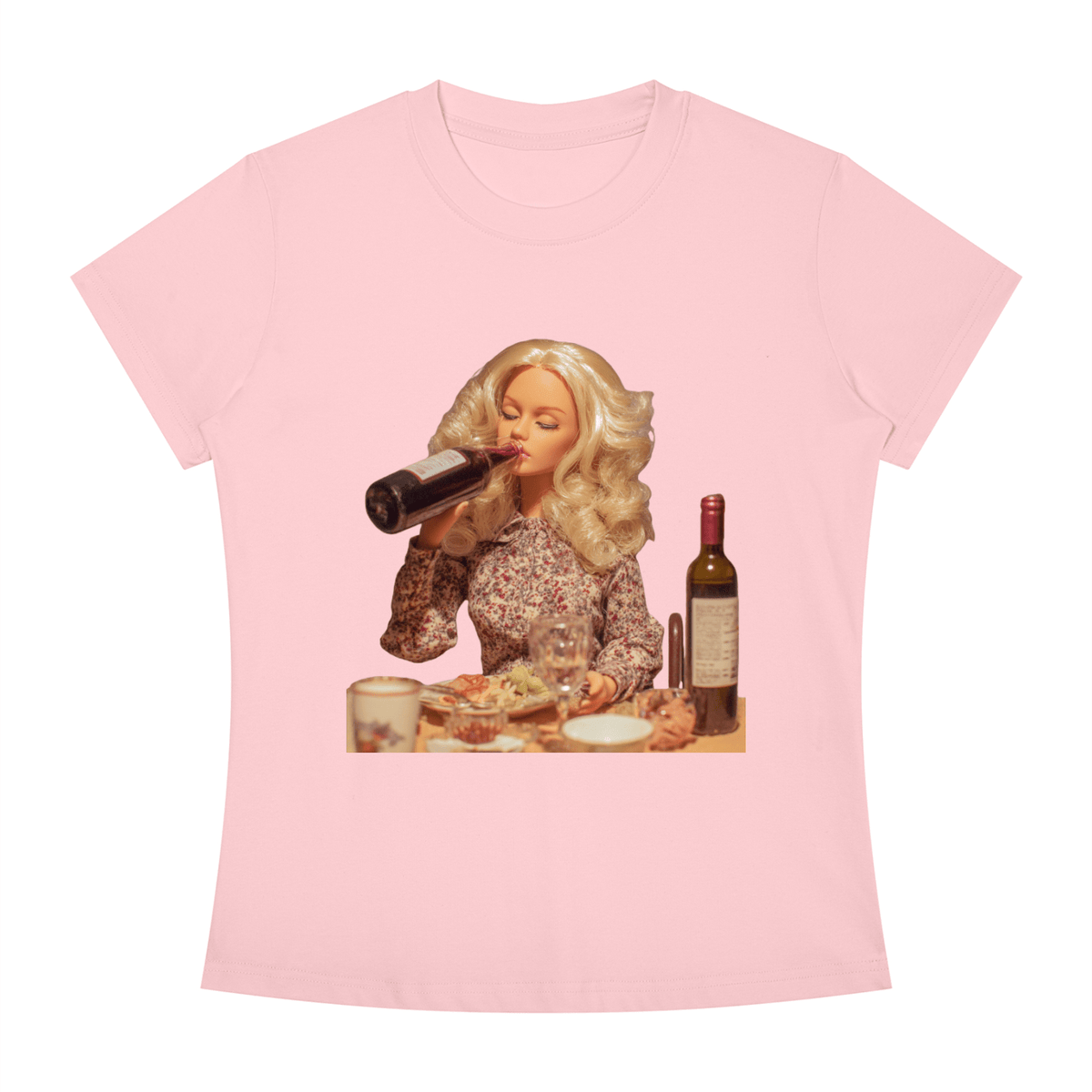 Funny Barbie with a Wine Bottle Women's Slim Fit Crewneck T-Shirt - Canvas & Charms
