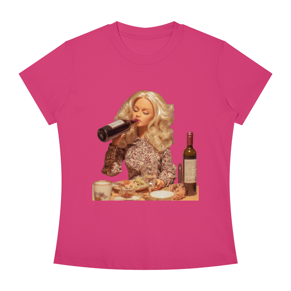 Funny Barbie with a Wine Bottle Women's Slim Fit Crewneck T-Shirt - Canvas & Charms