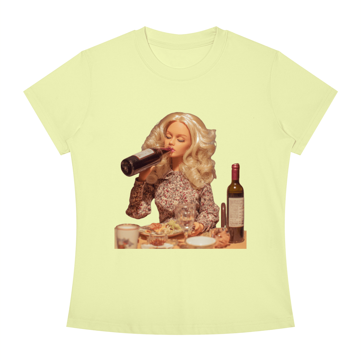 Funny Barbie with a Wine Bottle Women's Slim Fit Crewneck T-Shirt - Canvas & Charms
