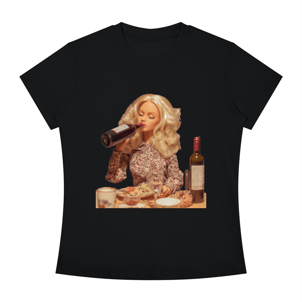 Funny Barbie with a Wine Bottle Women's Slim Fit Crewneck T-Shirt - Canvas & Charms