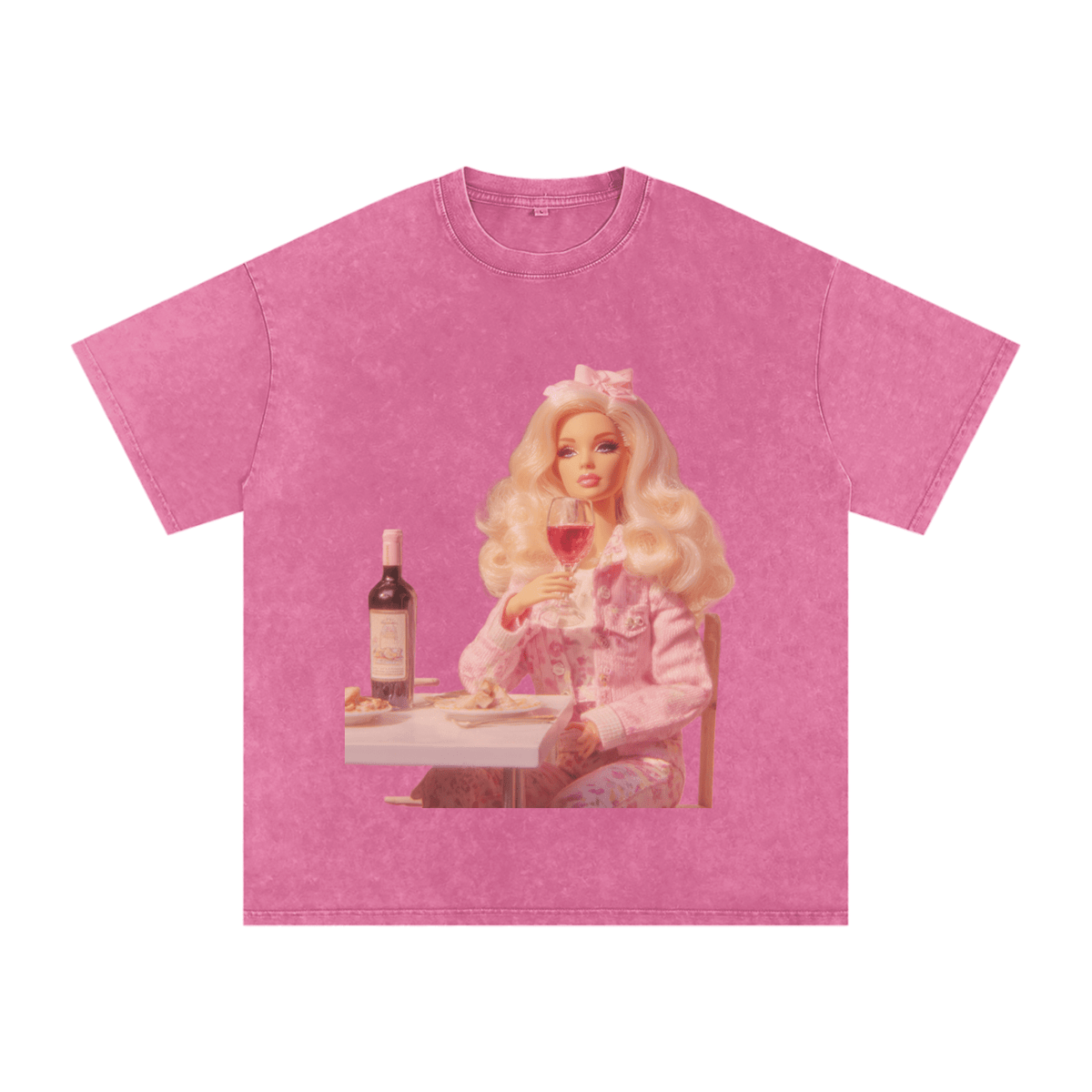 Funny Barbie with a Wine Glass Snow Washed Oversized Cotton T-Shirt - Canvas & Charms