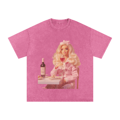 Funny Barbie with a Wine Glass Snow Washed Oversized Cotton T-Shirt - Canvas & Charms