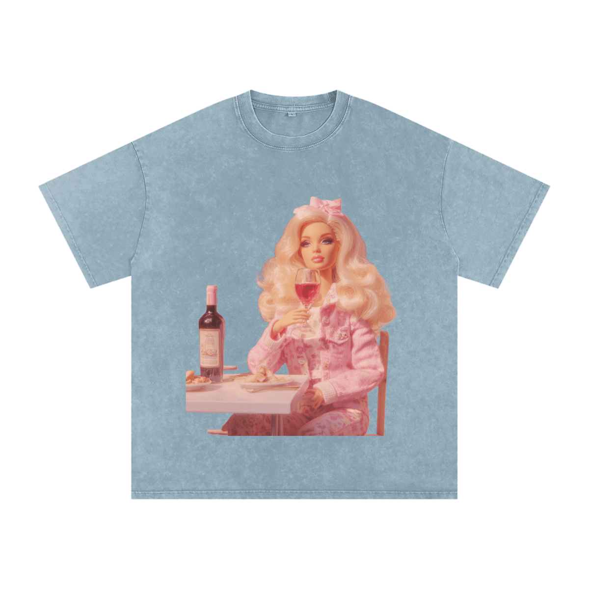Funny Barbie with a Wine Glass Snow Washed Oversized Cotton T-Shirt - Canvas & Charms