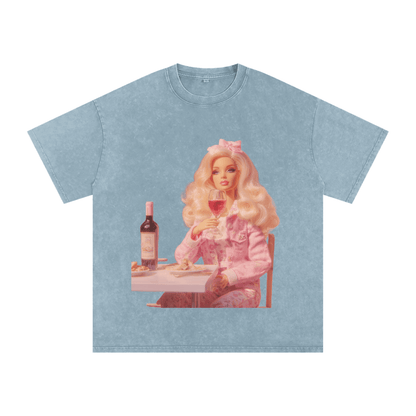 Funny Barbie with a Wine Glass Snow Washed Oversized Cotton T-Shirt - Canvas & Charms