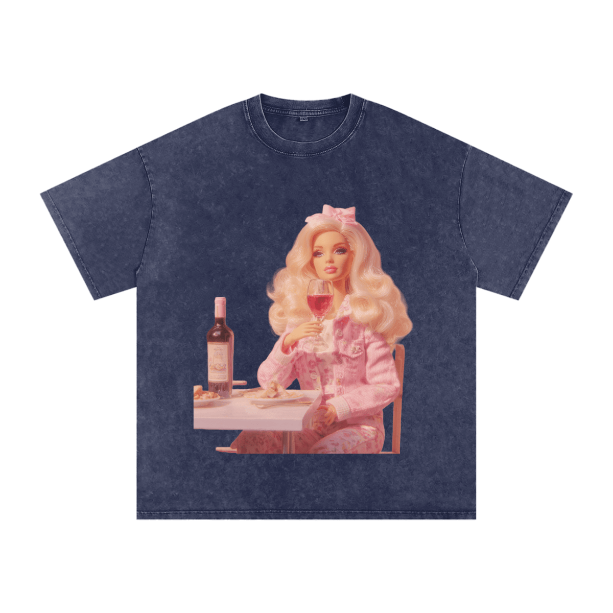 Funny Barbie with a Wine Glass Snow Washed Oversized Cotton T-Shirt - Canvas & Charms