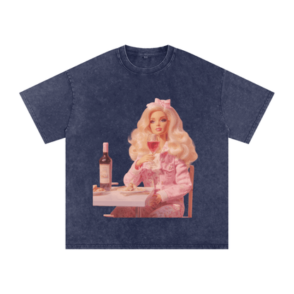 Funny Barbie with a Wine Glass Snow Washed Oversized Cotton T-Shirt - Canvas & Charms