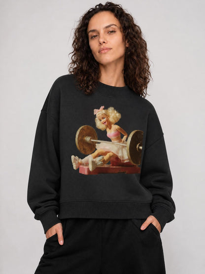 Funny Doll Face Barbie in a Gym Print Essential Fleece Mock-Neck Crew Sweatshirt - Canvas & Charms