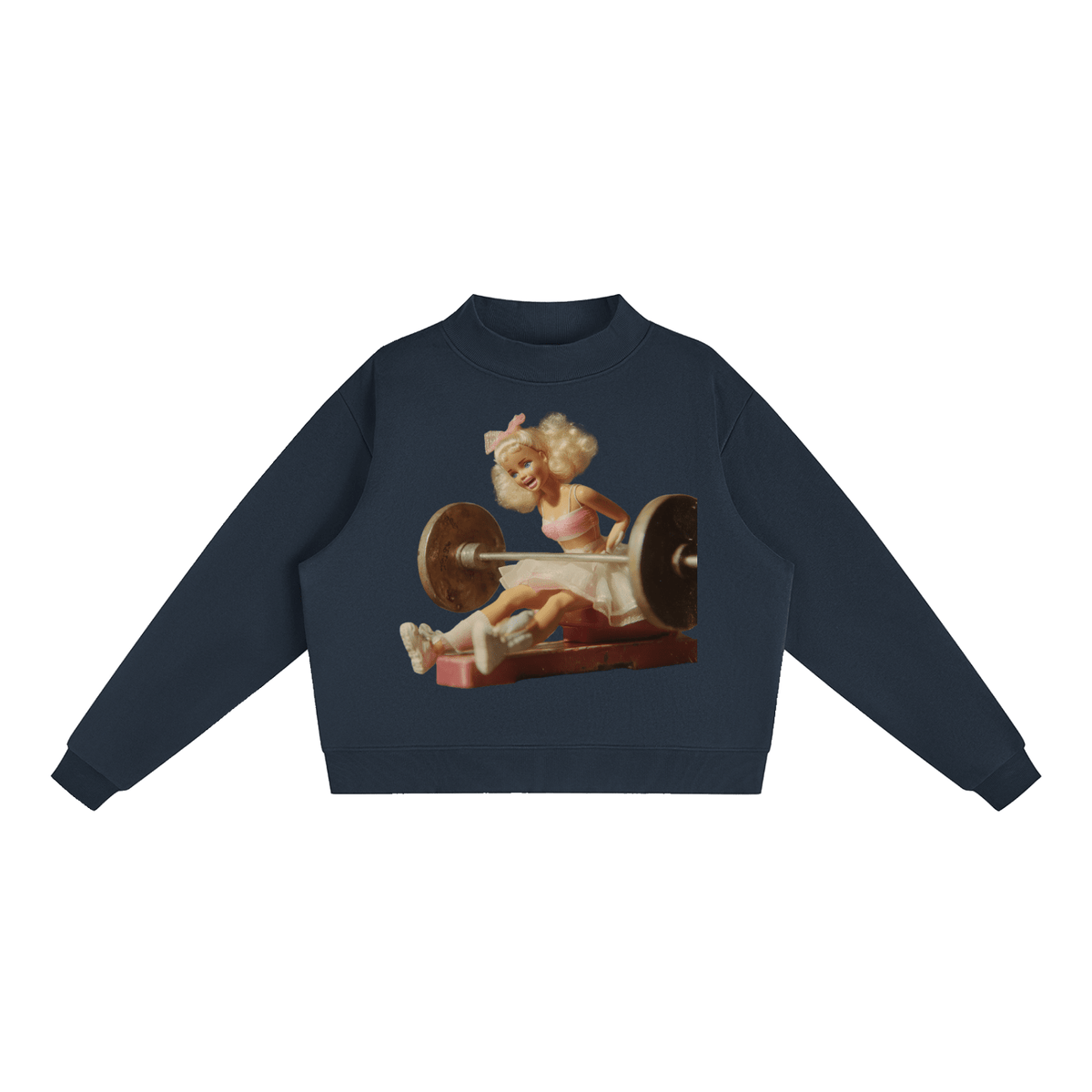 Funny Doll Face Barbie in a Gym Print Essential Fleece Mock-Neck Crew Sweatshirt - Canvas & Charms