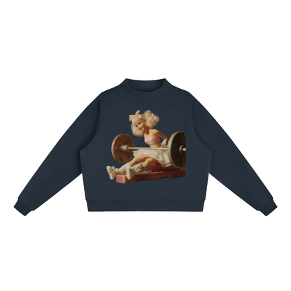 Funny Doll Face Barbie in a Gym Print Essential Fleece Mock-Neck Crew Sweatshirt - Canvas & Charms