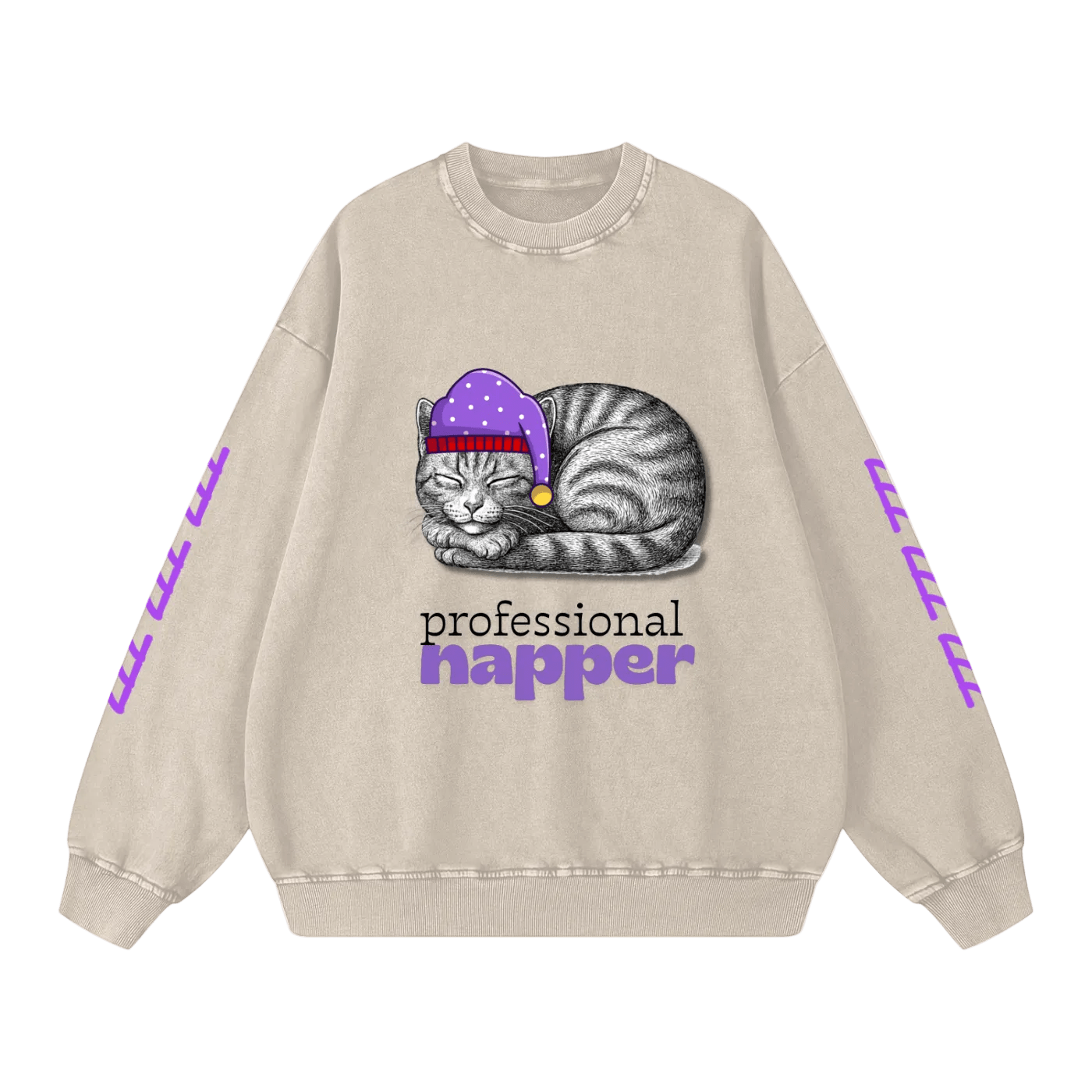 Funny Sweatshirt with Cat Professional Napper Snow Washed Oversized - Canvas & Charms