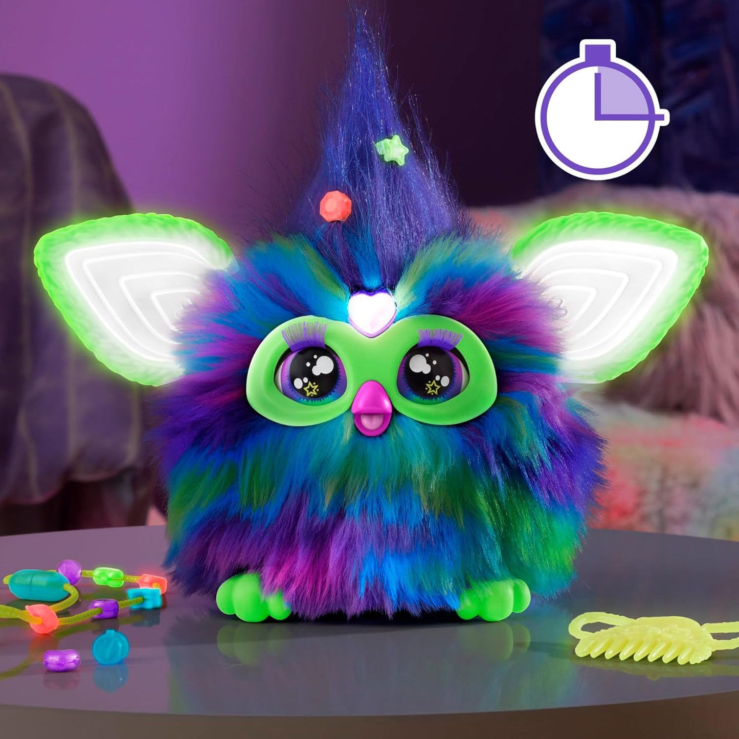 Furby Galaxy Edition, Glow in The Dark, 15 Fashion Accessories, Interactive Plush Toys for 6 Year Old Girls & Boys & Up, Voice Activated Animatronic (Amazon Exclusive) - Canvas & Charms