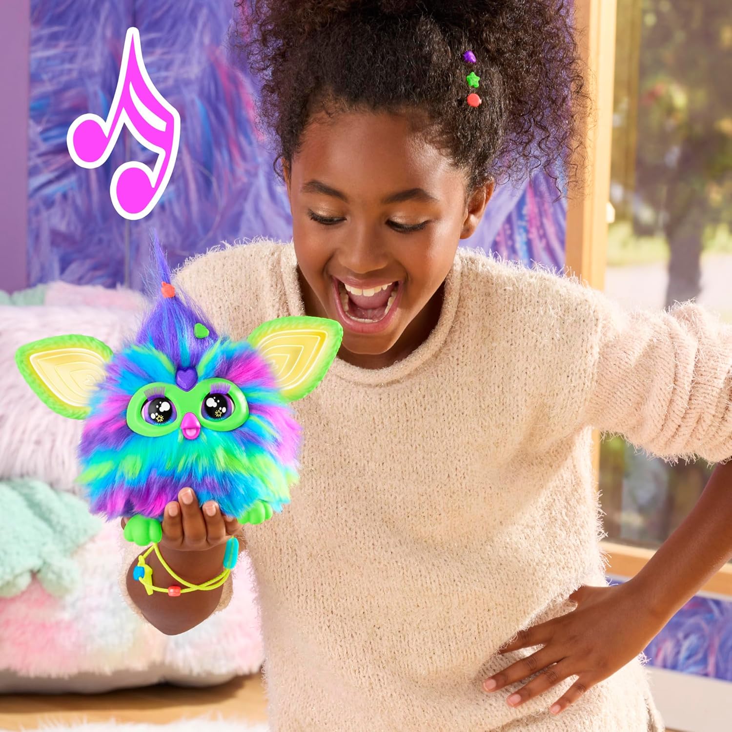 Furby Galaxy Edition, Glow in The Dark, 15 Fashion Accessories, Interactive Plush Toys for 6 Year Old Girls & Boys & Up, Voice Activated Animatronic (Amazon Exclusive) - Canvas & Charms