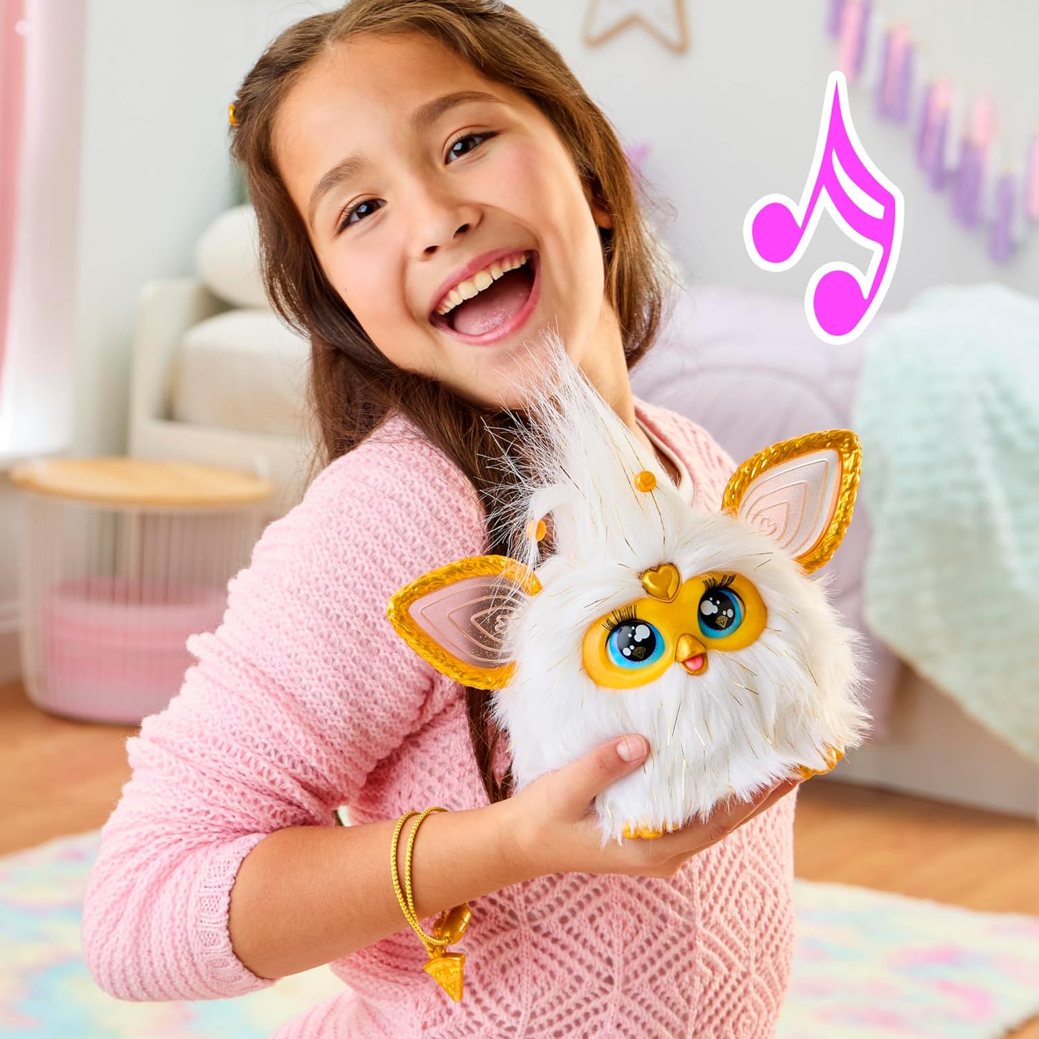 Furby Gold Glam Interactive Plush Toys for 6 Year Old Girls & Boys & Up, Voice Activated Animatronic, Speaks English & Furbish, White (Amazon Exclusive) - Canvas & Charms