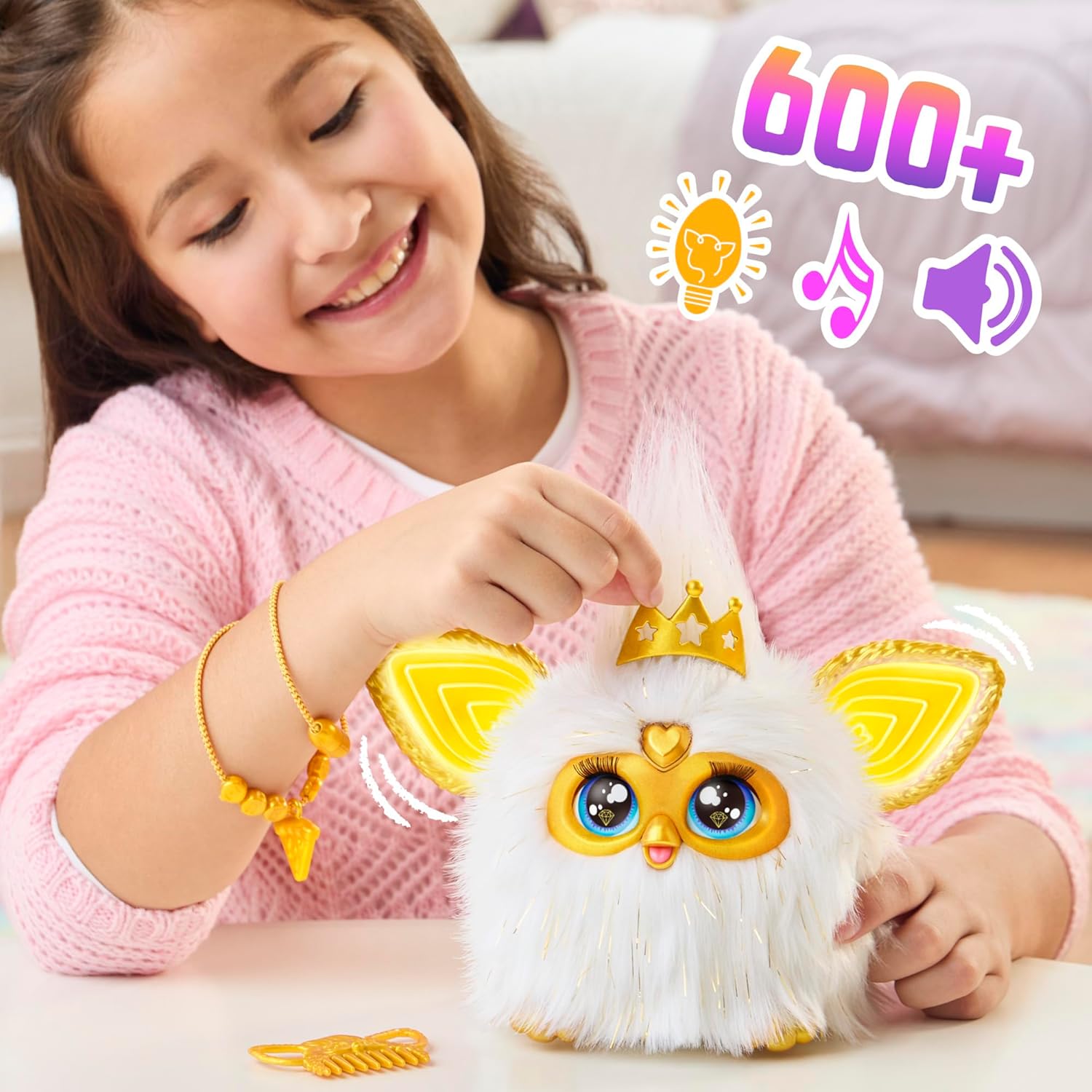 Furby Gold Glam Interactive Plush Toys for 6 Year Old Girls & Boys & Up, Voice Activated Animatronic, Speaks English & Furbish, White (Amazon Exclusive) - Canvas & Charms