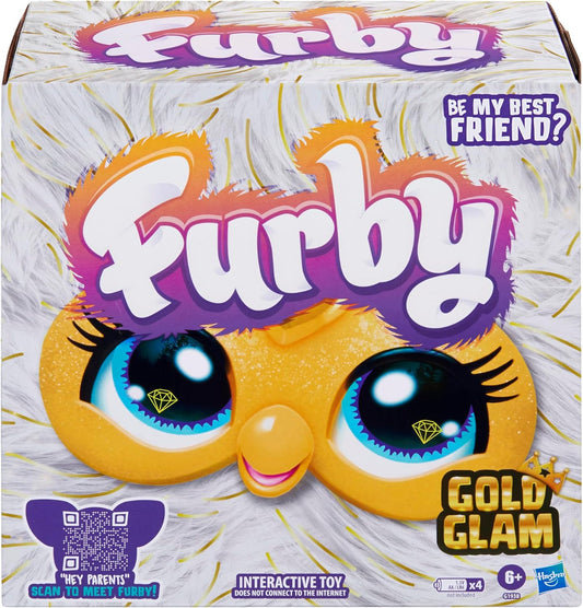 Furby Gold Glam Interactive Plush Toys for 6 Year Old Girls & Boys & Up, Voice Activated Animatronic, Speaks English & Furbish, White (Amazon Exclusive) - Canvas & Charms