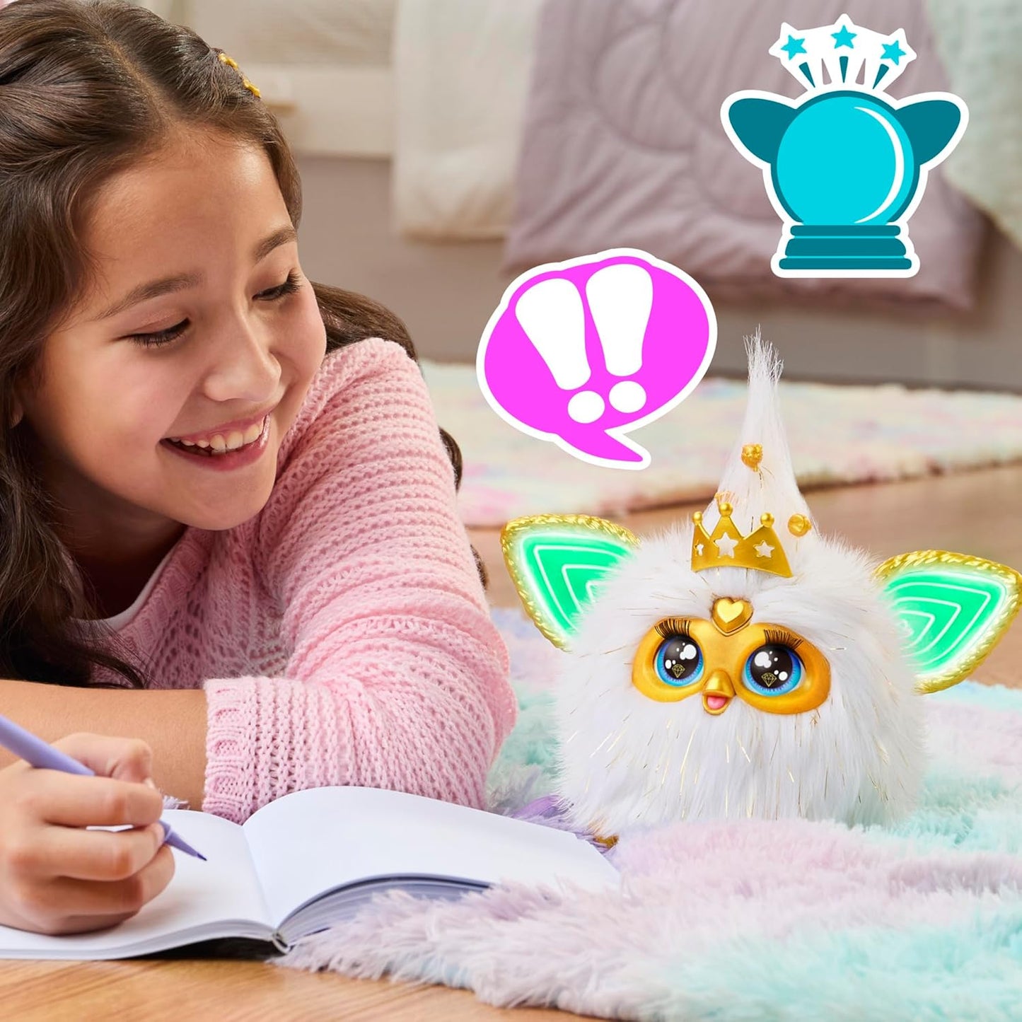 Furby Gold Glam Interactive Plush Toys for 6 Year Old Girls & Boys & Up, Voice Activated Animatronic, Speaks English & Furbish, White (Amazon Exclusive) - Canvas & Charms