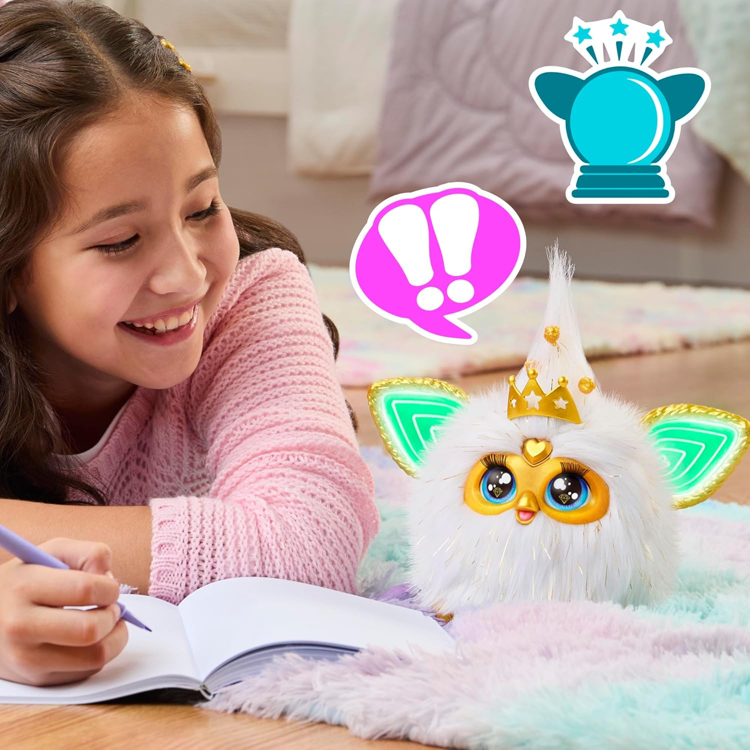 Furby Gold Glam Interactive Plush Toys for 6 Year Old Girls & Boys & Up, Voice Activated Animatronic, Speaks English & Furbish, White (Amazon Exclusive) - Canvas & Charms