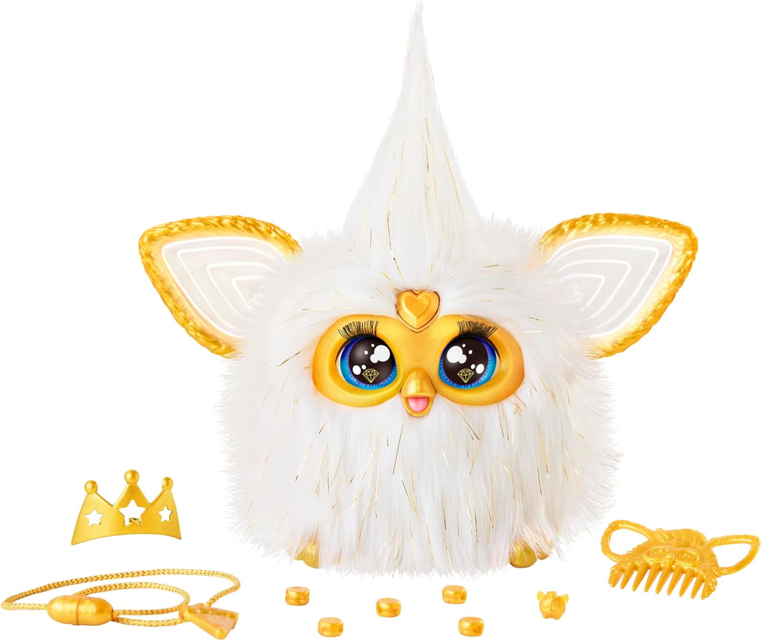 Furby Gold Glam Interactive Plush Toys for 6 Year Old Girls & Boys & Up, Voice Activated Animatronic, Speaks English & Furbish, White (Amazon Exclusive) - Canvas & Charms