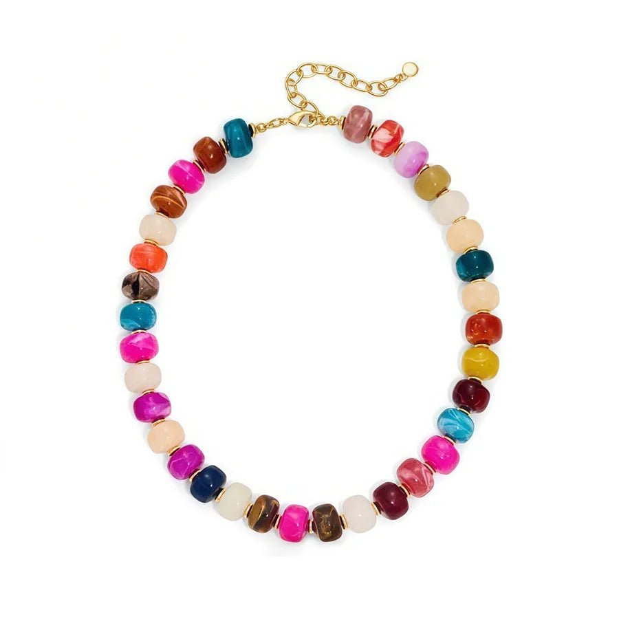 Gem Beaded Chain Necklace for Women Featuring Resin Pendant with Gem Inlay Material - Canvas & Charms