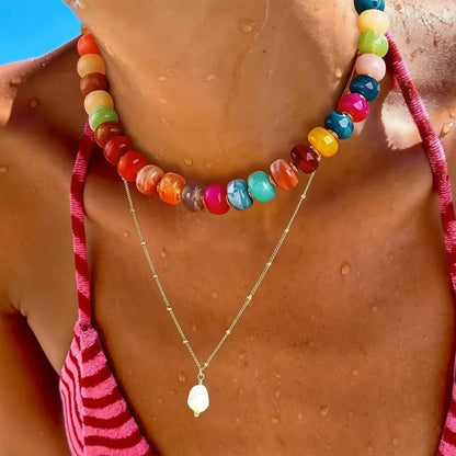 Gem Beaded Chain Necklace for Women Featuring Resin Pendant with Gem Inlay Material - Canvas & Charms