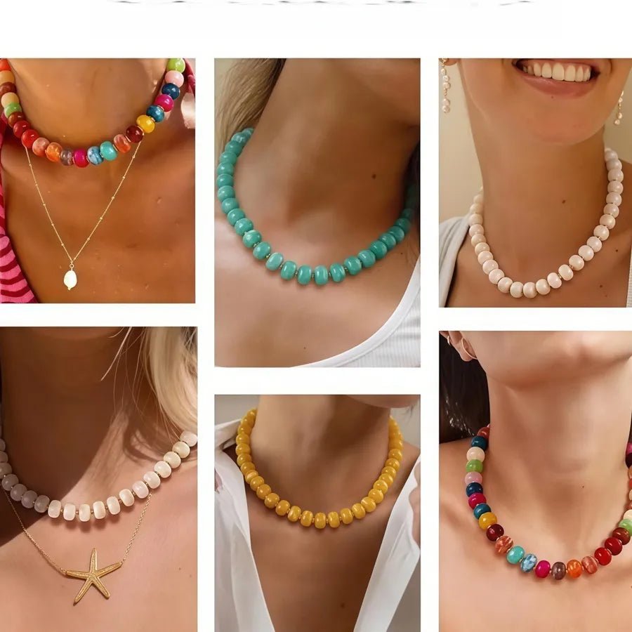 Gem Beaded Chain Necklace for Women Featuring Resin Pendant with Gem Inlay Material - Canvas & Charms