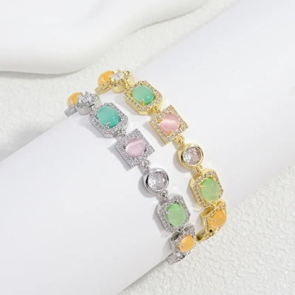 Geometric Inlay Bracelets in Copper with 18K Real Gold Plated Water Plating and 0.03µm Thickness Featuring Zircon and Splicing Chain - Canvas & Charms