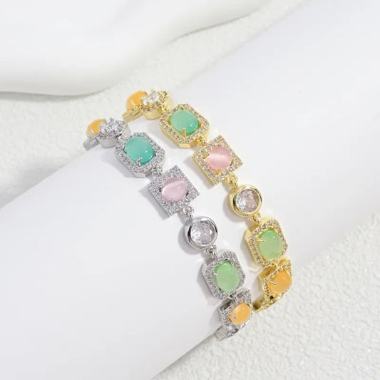 Geometric Inlay Bracelets in Copper with 18K Real Gold Plated Water Plating and 0.03µm Thickness Featuring Zircon and Splicing Chain - Canvas & Charms