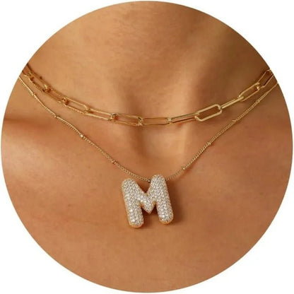 Gold Plated Letter Pendant Necklace for Women with 18K Gold Plated 304 Stainless Steel and Artificial Diamond on O Chain - Canvas & Charms