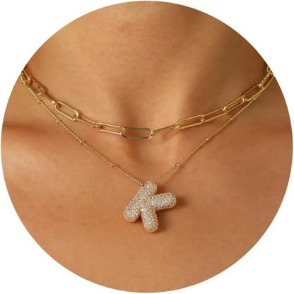 Gold Plated Letter Pendant Necklace for Women with 18K Gold Plated 304 Stainless Steel and Artificial Diamond on O Chain - Canvas & Charms