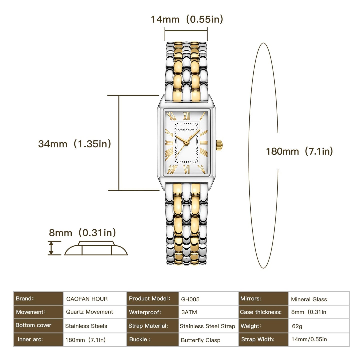 Gold Watches for Women with Vintage Rectangular Case,White Roman Dial,Stainless Steel Band,Adjustment Tool Included,Water Resistant - Canvas & Charms