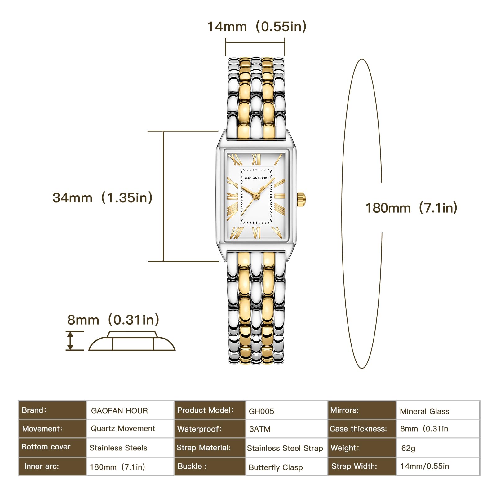 Gold Watches for Women with Vintage Rectangular Case,White Roman Dial,Stainless Steel Band,Adjustment Tool Included,Water Resistant - Canvas & Charms
