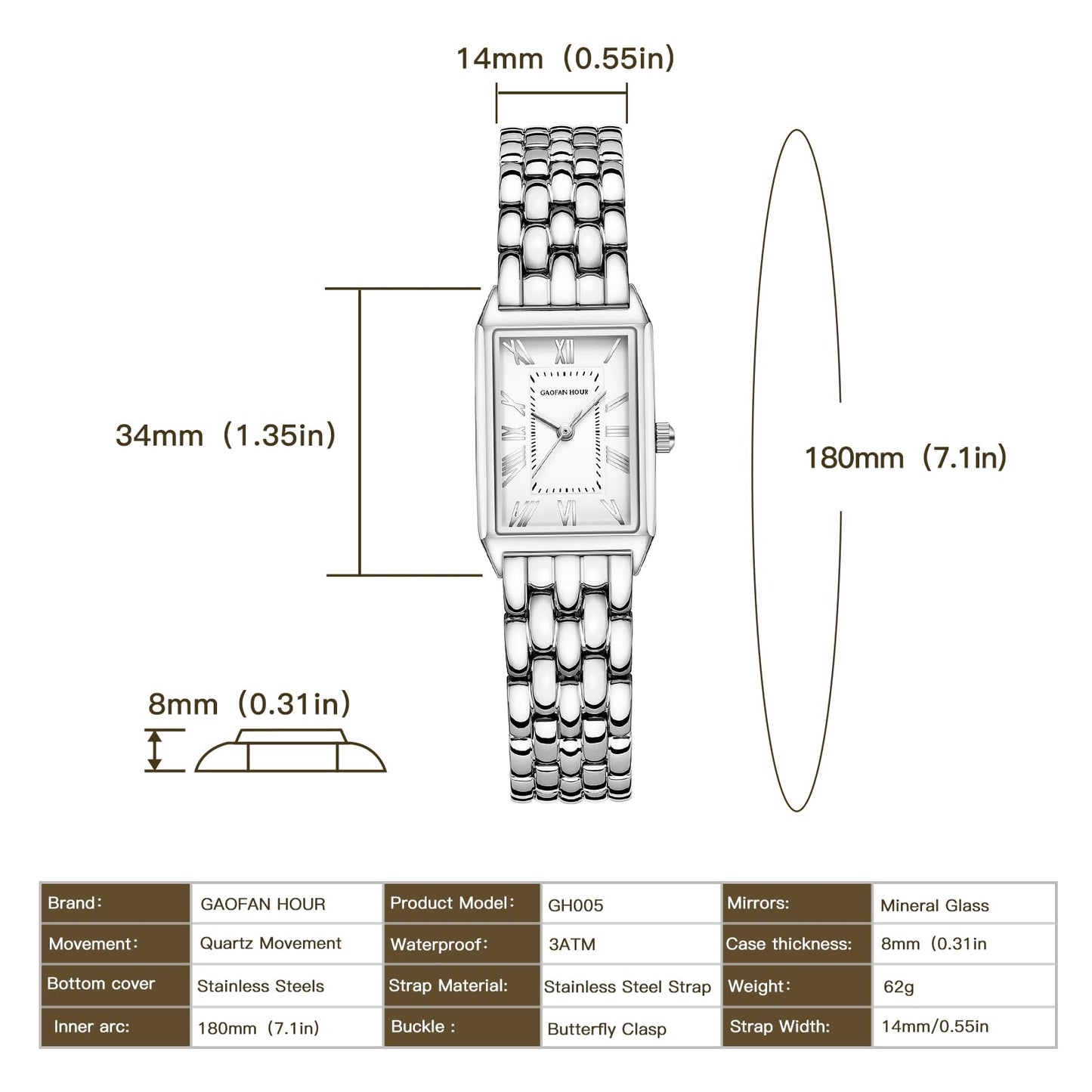 Gold Watches for Women with Vintage Rectangular Case,White Roman Dial,Stainless Steel Band,Adjustment Tool Included,Water Resistant - Canvas & Charms