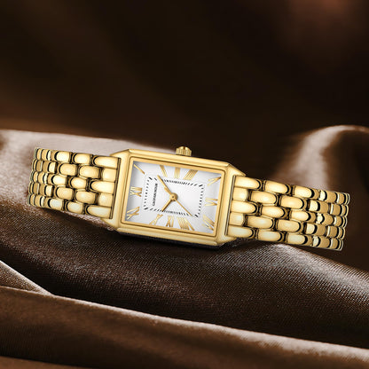 Gold Watches for Women with Vintage Rectangular Case,White Roman Dial,Stainless Steel Band,Adjustment Tool Included,Water Resistant - Canvas & Charms