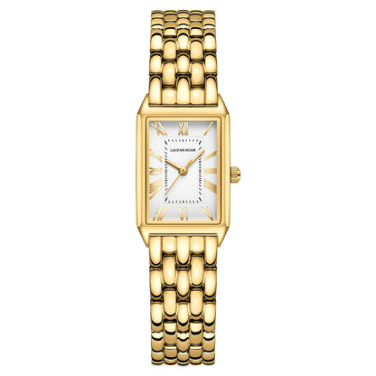 Gold Watches for Women with Vintage Rectangular Case,White Roman Dial,Stainless Steel Band,Adjustment Tool Included,Water Resistant - Canvas & Charms