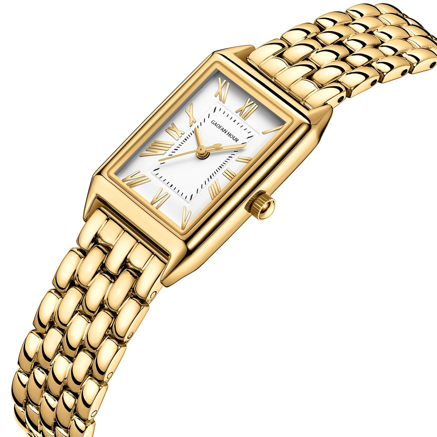 Gold Watches for Women with Vintage Rectangular Case,White Roman Dial,Stainless Steel Band,Adjustment Tool Included,Water Resistant - Canvas & Charms