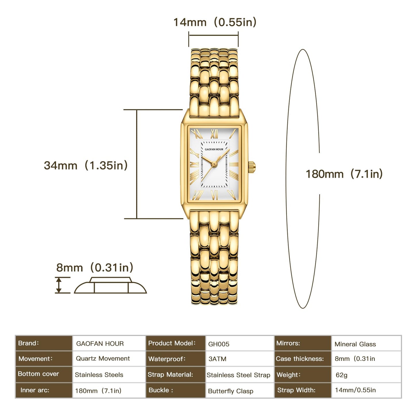 Gold Watches for Women with Vintage Rectangular Case,White Roman Dial,Stainless Steel Band,Adjustment Tool Included,Water Resistant - Canvas & Charms