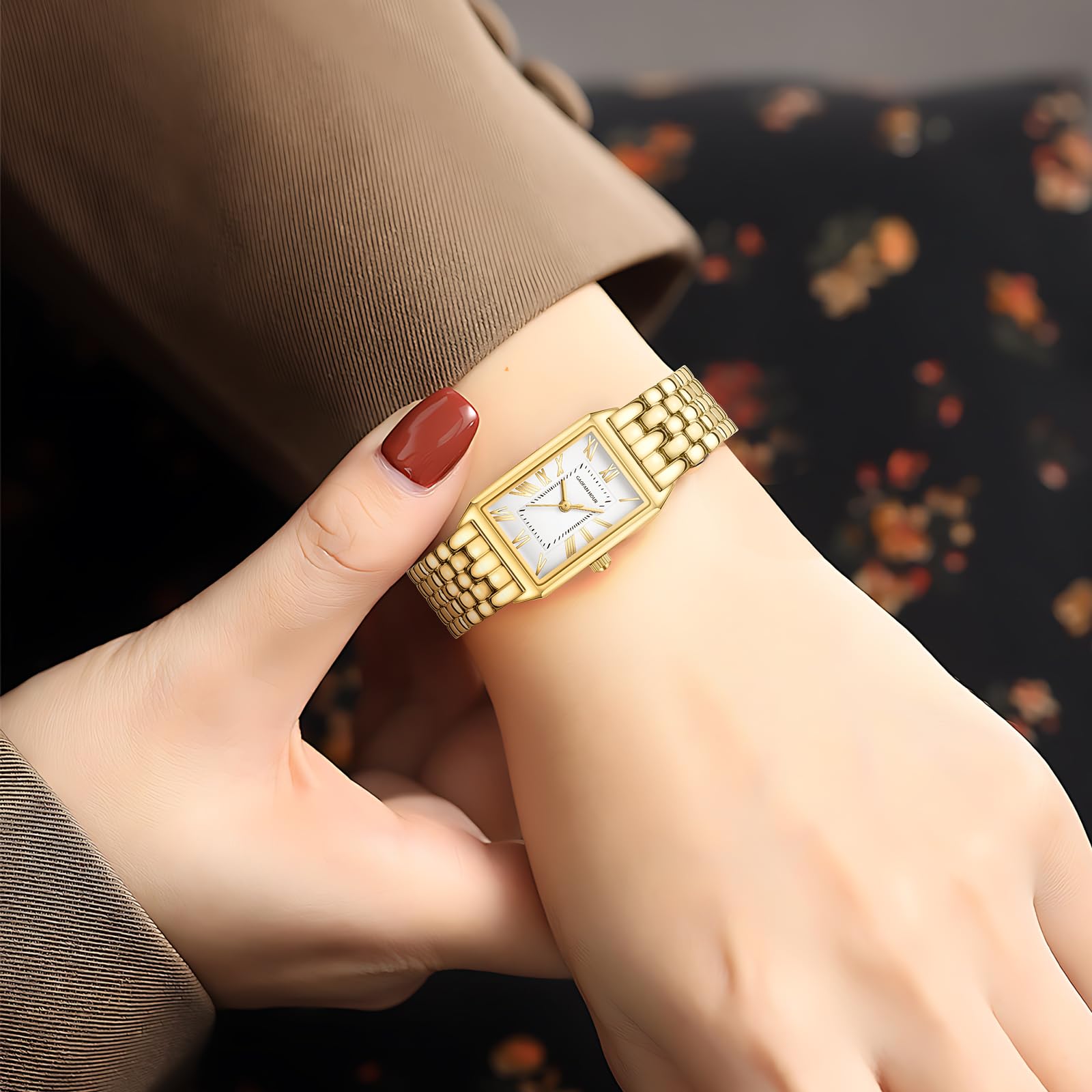 Gold Watches for Women with Vintage Rectangular Case,White Roman Dial,Stainless Steel Band,Adjustment Tool Included,Water Resistant - Canvas & Charms