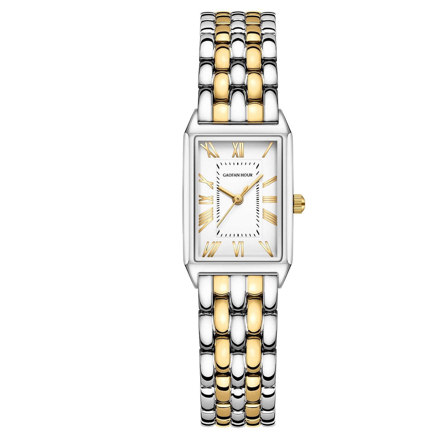 Gold Watches for Women with Vintage Rectangular Case,White Roman Dial,Stainless Steel Band,Adjustment Tool Included,Water Resistant - Canvas & Charms