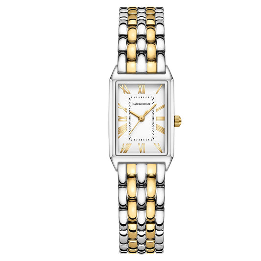 Gold Watches for Women with Vintage Rectangular Case,White Roman Dial,Stainless Steel Band,Adjustment Tool Included,Water Resistant - Canvas & Charms