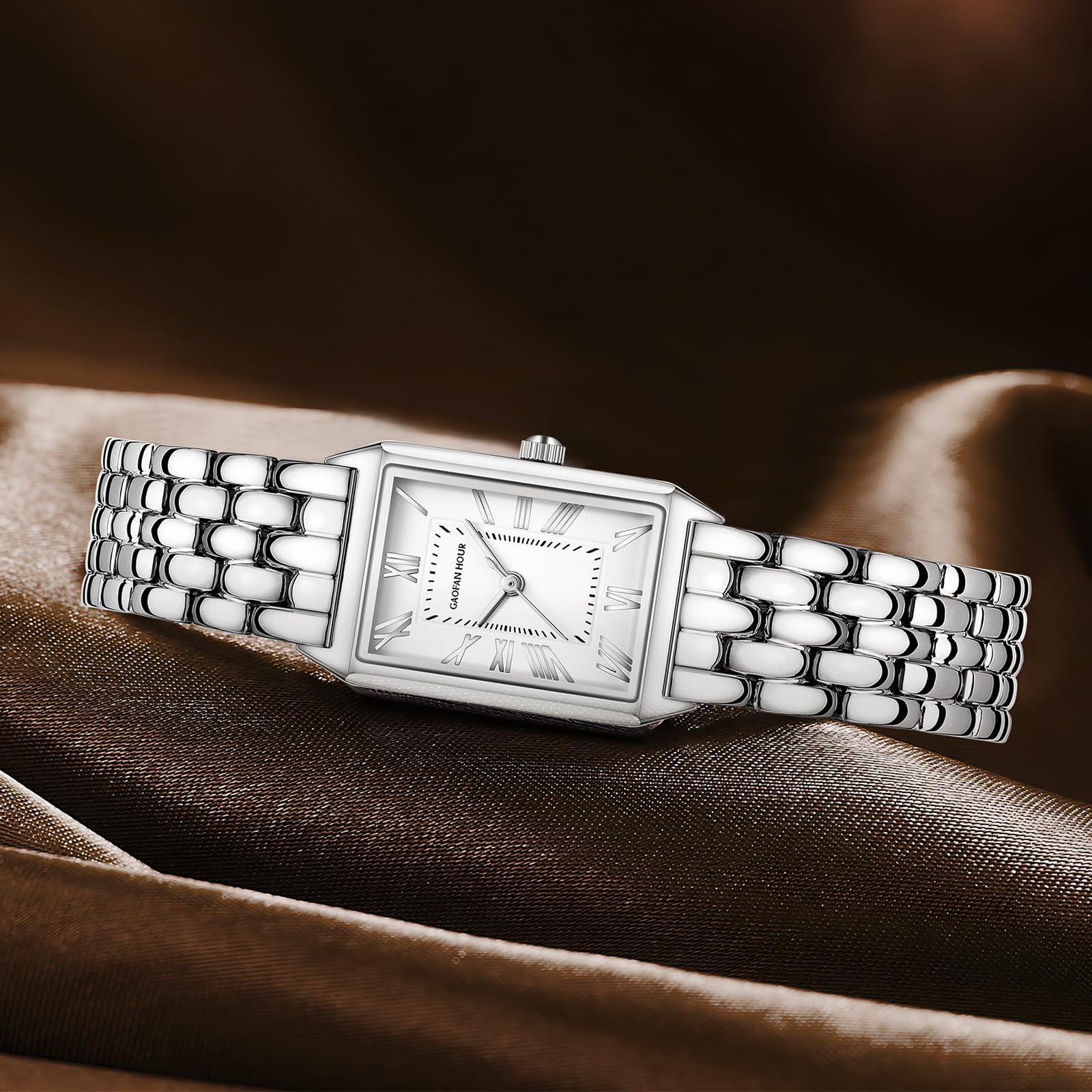Gold Watches for Women with Vintage Rectangular Case,White Roman Dial,Stainless Steel Band,Adjustment Tool Included,Water Resistant - Canvas & Charms