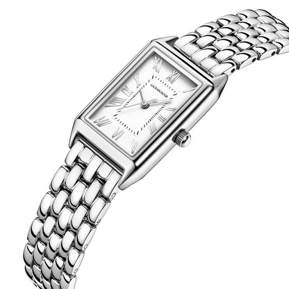 Gold Watches for Women with Vintage Rectangular Case,White Roman Dial,Stainless Steel Band,Adjustment Tool Included,Water Resistant - Canvas & Charms